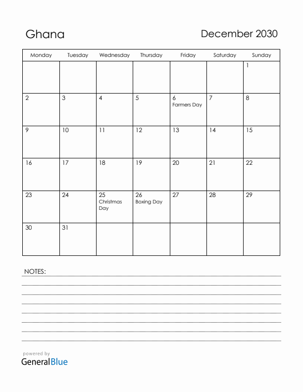 December 2030 Ghana Calendar with Holidays (Monday Start)