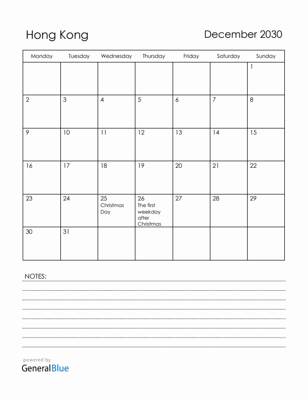 December 2030 Hong Kong Calendar with Holidays (Monday Start)