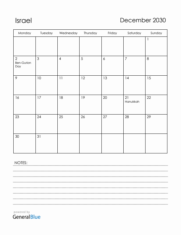 December 2030 Israel Calendar with Holidays (Monday Start)