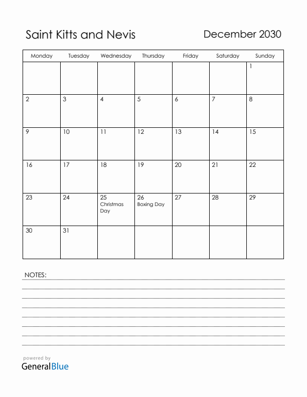 December 2030 Saint Kitts and Nevis Calendar with Holidays (Monday Start)