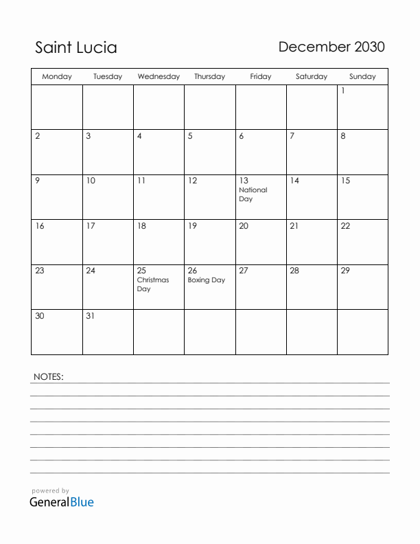 December 2030 Saint Lucia Calendar with Holidays (Monday Start)