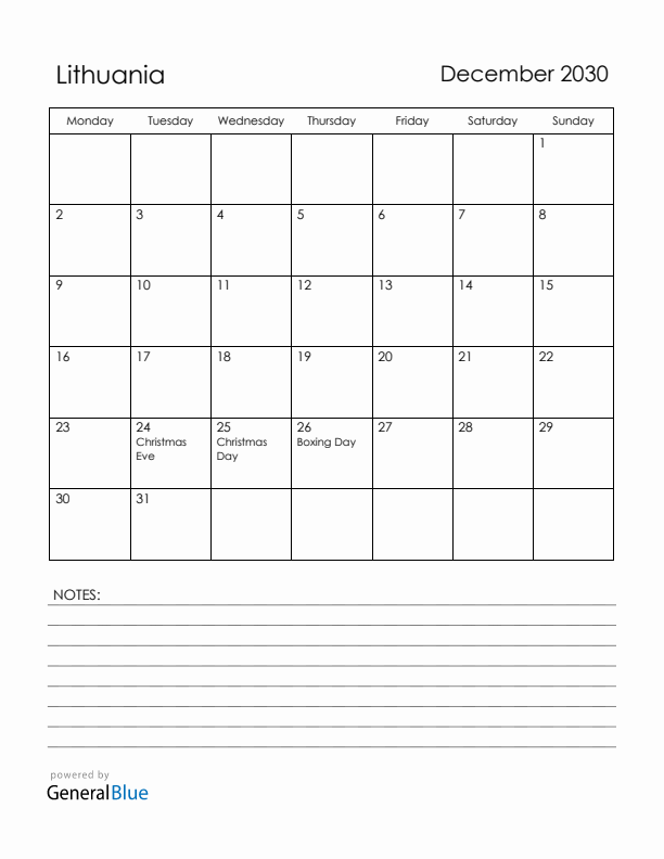 December 2030 Lithuania Calendar with Holidays (Monday Start)