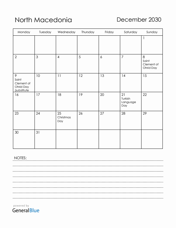 December 2030 North Macedonia Calendar with Holidays (Monday Start)