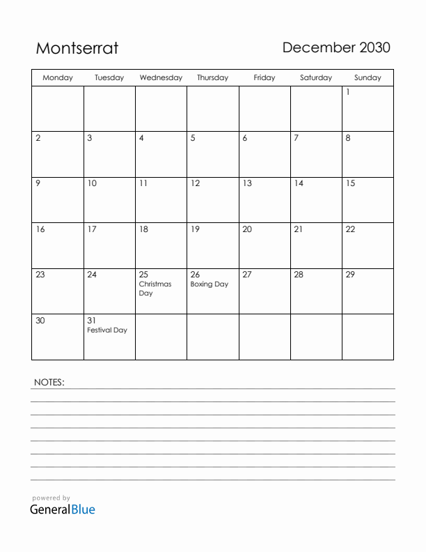December 2030 Montserrat Calendar with Holidays (Monday Start)