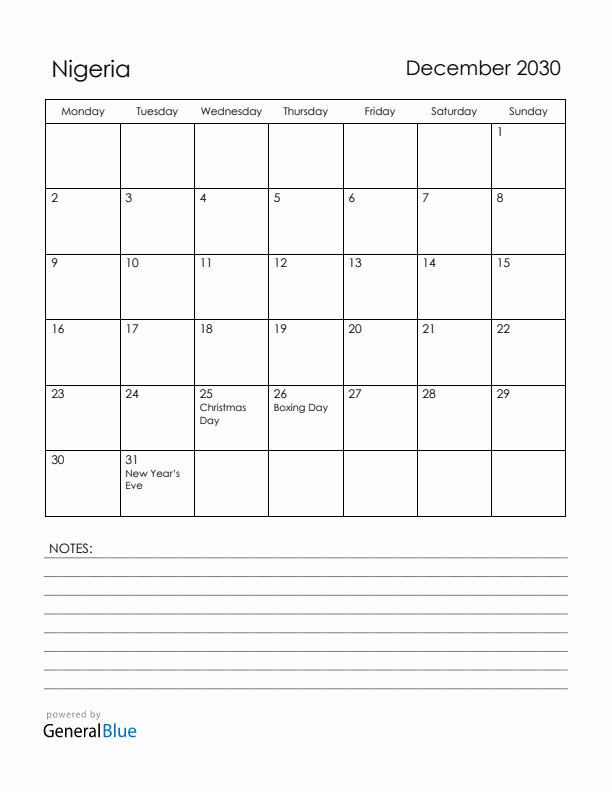 December 2030 Nigeria Calendar with Holidays (Monday Start)