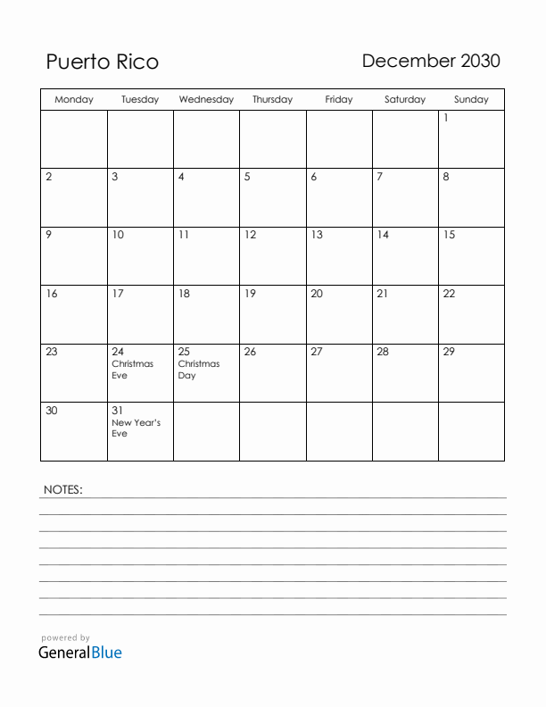 December 2030 Puerto Rico Calendar with Holidays (Monday Start)