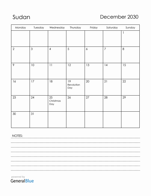 December 2030 Sudan Calendar with Holidays (Monday Start)