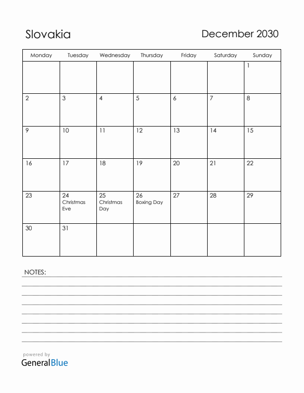 December 2030 Slovakia Calendar with Holidays (Monday Start)