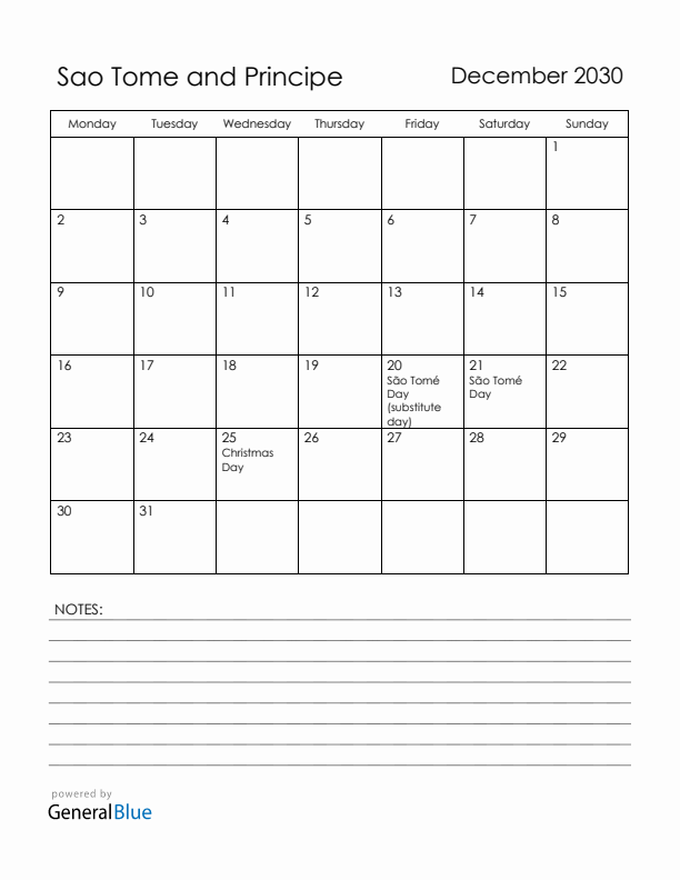 December 2030 Sao Tome and Principe Calendar with Holidays (Monday Start)