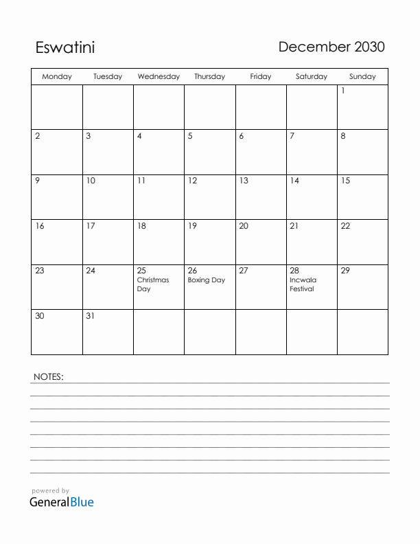 December 2030 Eswatini Calendar with Holidays (Monday Start)