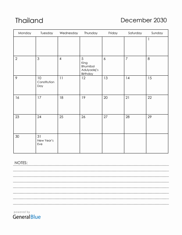 December 2030 Thailand Calendar with Holidays (Monday Start)