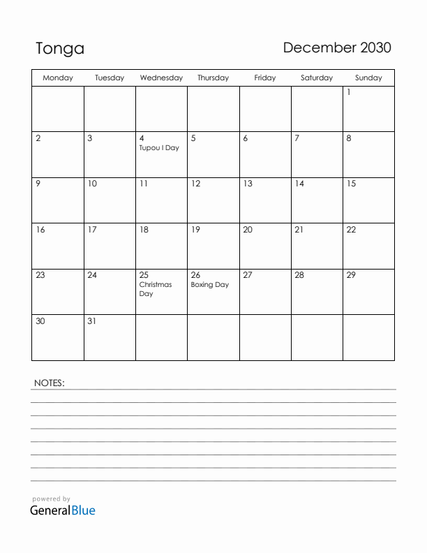 December 2030 Tonga Calendar with Holidays (Monday Start)