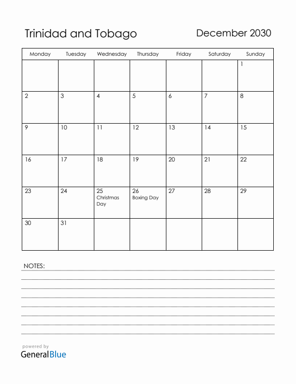 December 2030 Trinidad and Tobago Calendar with Holidays (Monday Start)