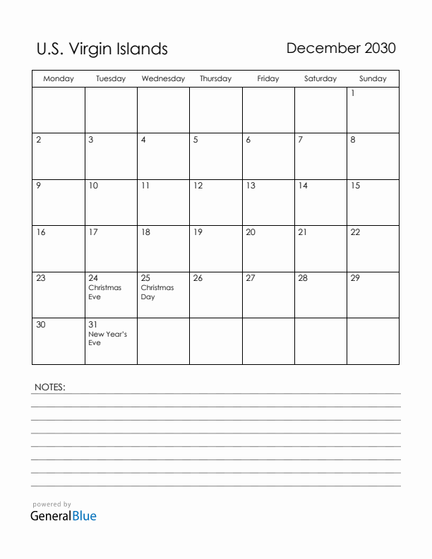 December 2030 U.S. Virgin Islands Calendar with Holidays (Monday Start)