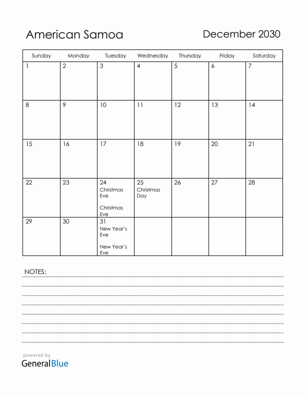 December 2030 American Samoa Calendar with Holidays (Sunday Start)