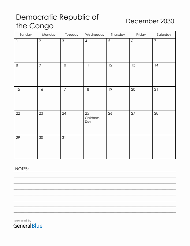 December 2030 Democratic Republic of the Congo Calendar with Holidays (Sunday Start)