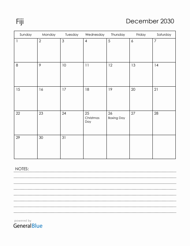 December 2030 Fiji Calendar with Holidays (Sunday Start)
