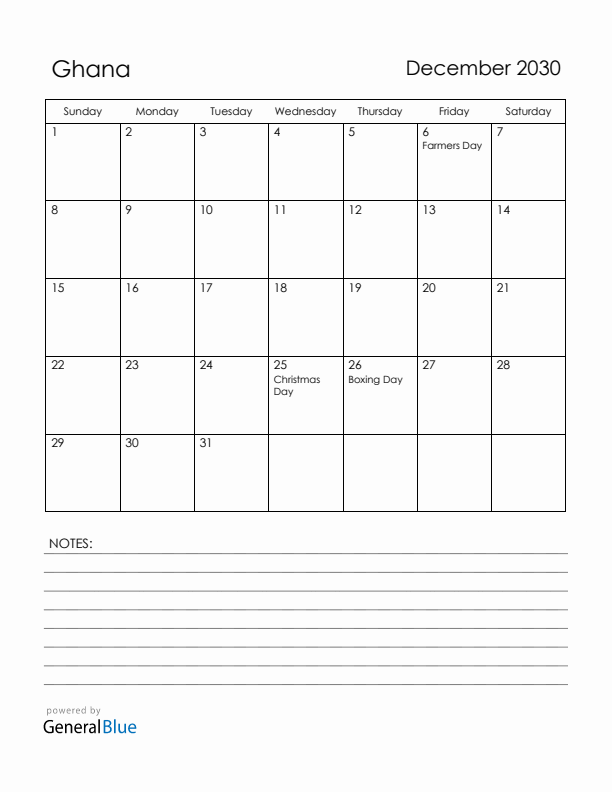 December 2030 Ghana Calendar with Holidays (Sunday Start)