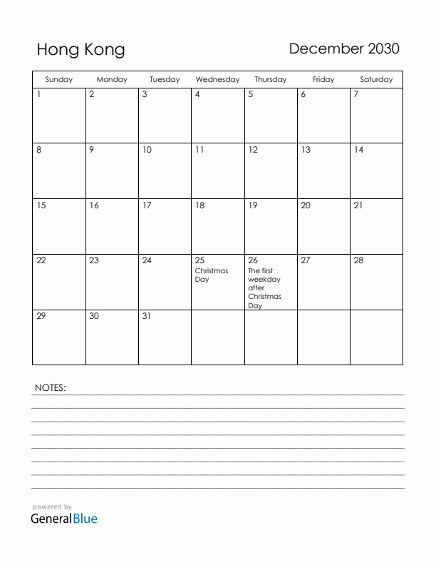 December 2030 Hong Kong Calendar with Holidays (Sunday Start)
