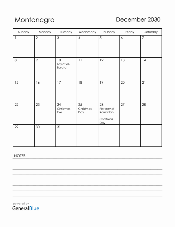 December 2030 Montenegro Calendar with Holidays (Sunday Start)