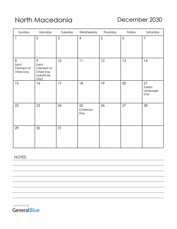December 2030 North Macedonia Calendar with Holidays (Sunday Start)