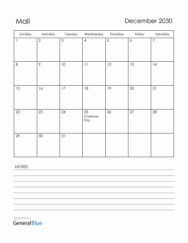 December 2030 Mali Calendar with Holidays (Sunday Start)
