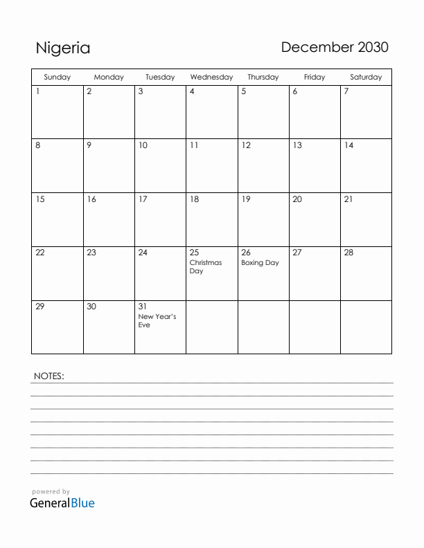 December 2030 Nigeria Calendar with Holidays (Sunday Start)
