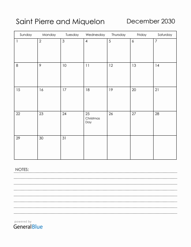 December 2030 Saint Pierre and Miquelon Calendar with Holidays (Sunday Start)
