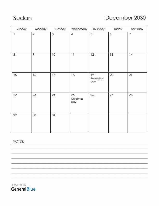 December 2030 Sudan Calendar with Holidays (Sunday Start)
