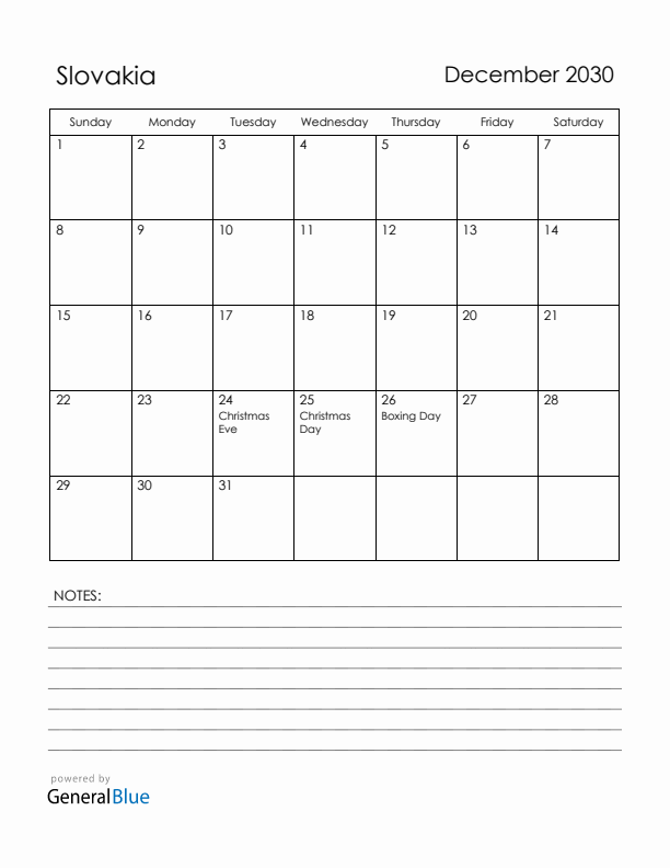 December 2030 Slovakia Calendar with Holidays (Sunday Start)