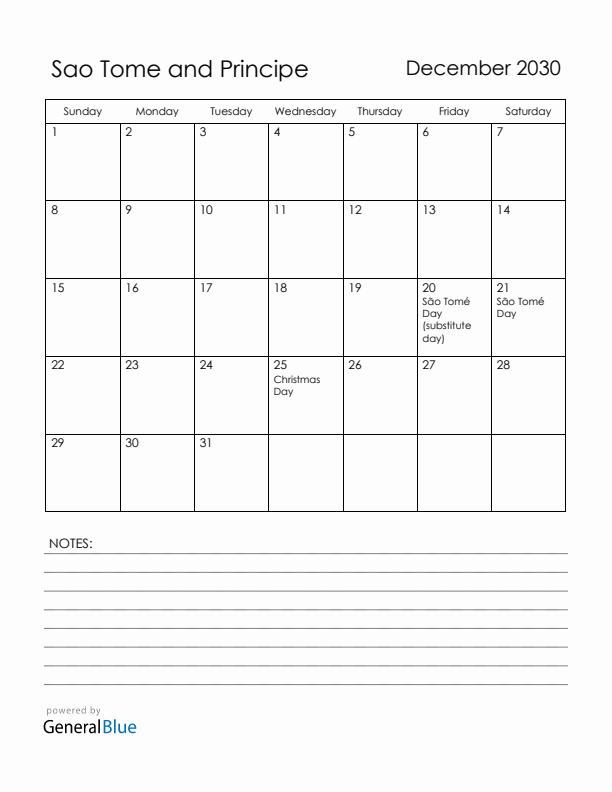 December 2030 Sao Tome and Principe Calendar with Holidays (Sunday Start)