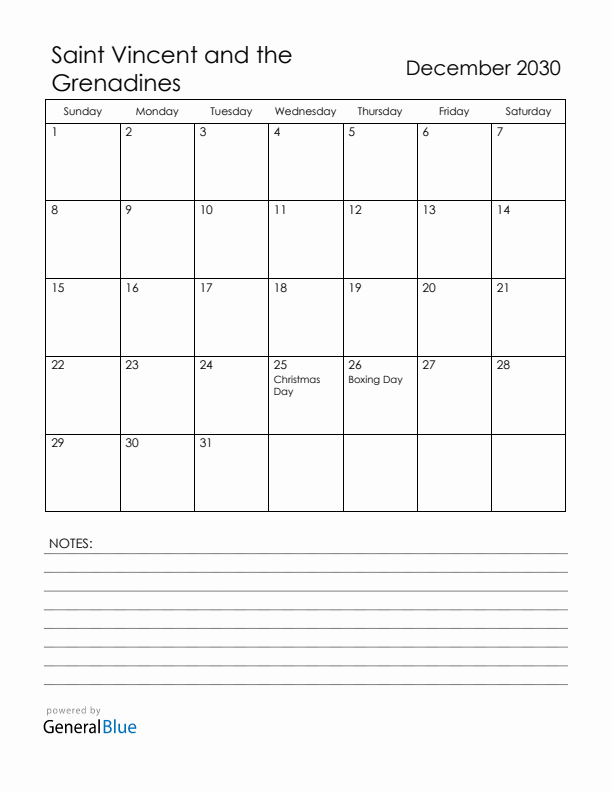 December 2030 Saint Vincent and the Grenadines Calendar with Holidays (Sunday Start)