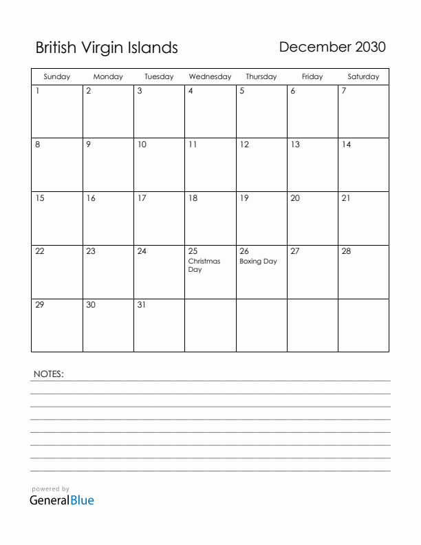 December 2030 British Virgin Islands Calendar with Holidays (Sunday Start)