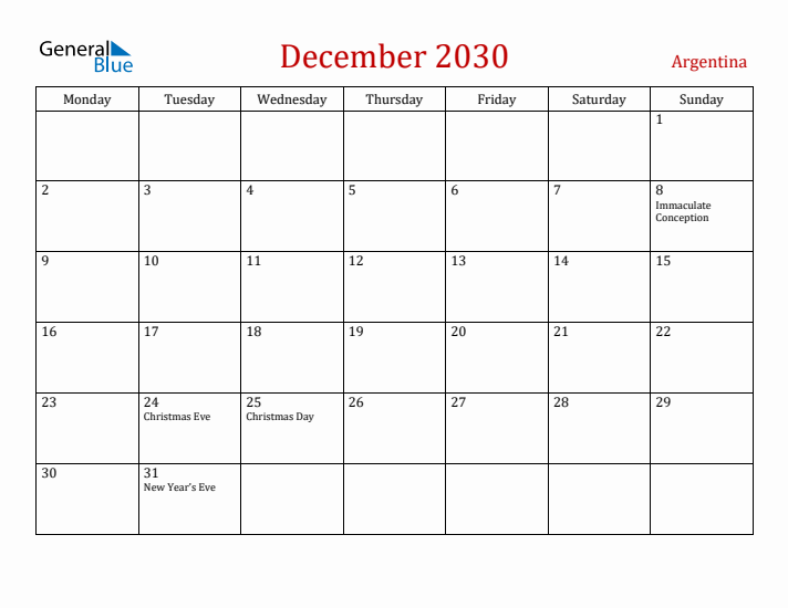 Argentina December 2030 Calendar - Monday Start