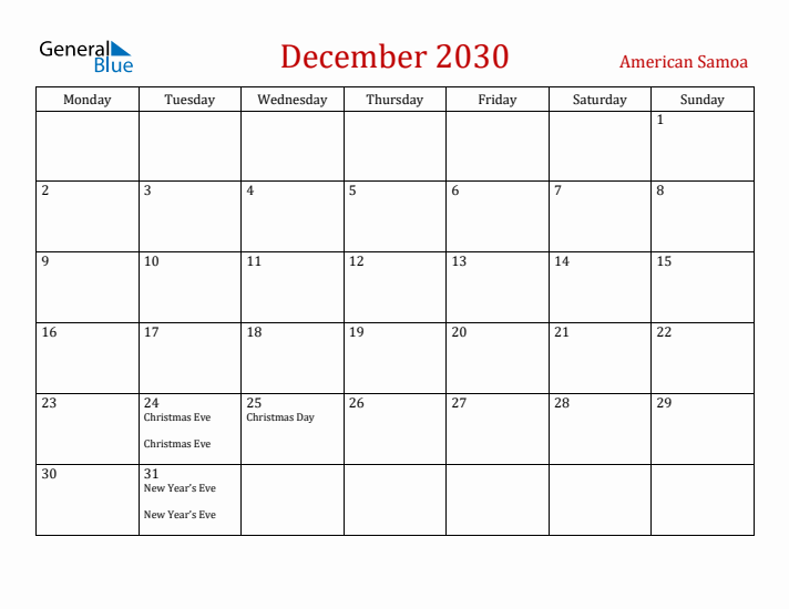 American Samoa December 2030 Calendar - Monday Start