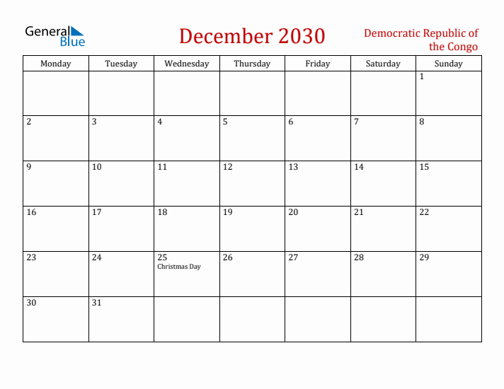 Democratic Republic of the Congo December 2030 Calendar - Monday Start
