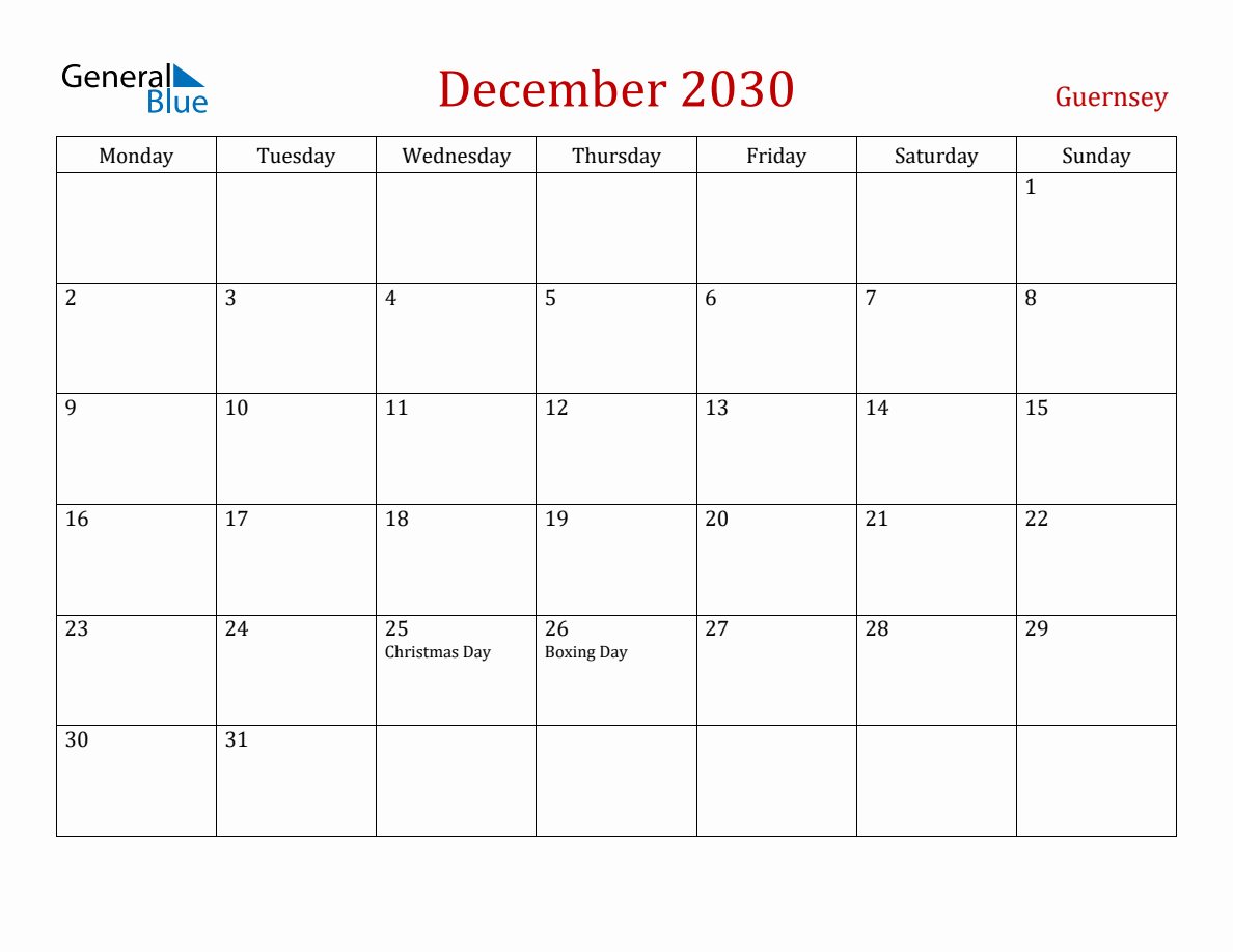 December 2030 Guernsey Monthly Calendar with Holidays (Monday Start)
