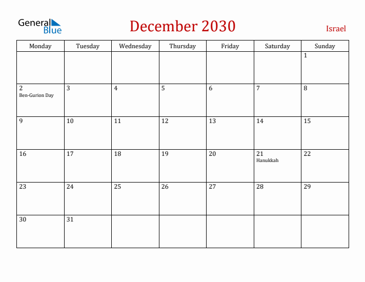 Israel December 2030 Calendar - Monday Start