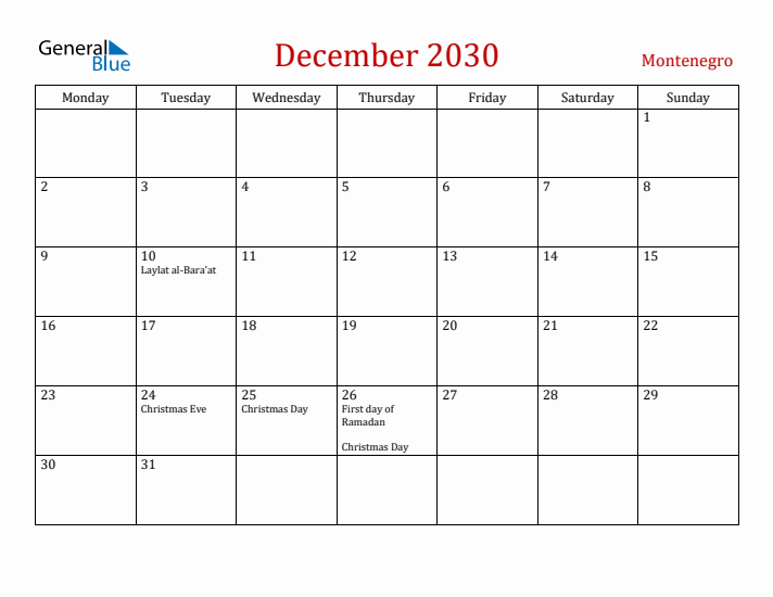 Montenegro December 2030 Calendar - Monday Start