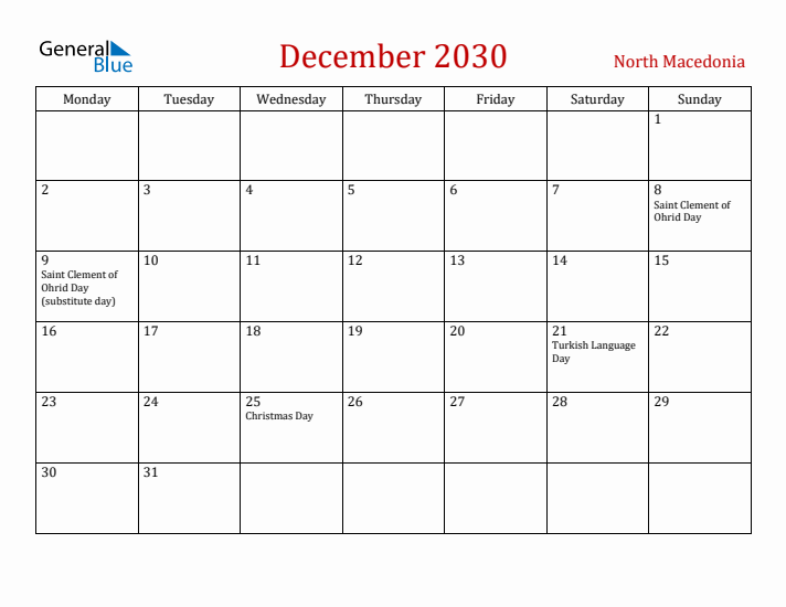 North Macedonia December 2030 Calendar - Monday Start