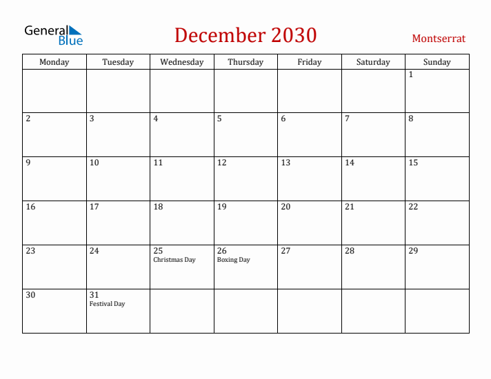 Montserrat December 2030 Calendar - Monday Start