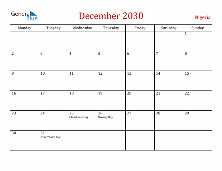 Nigeria December 2030 Calendar - Monday Start