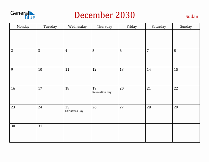 Sudan December 2030 Calendar - Monday Start