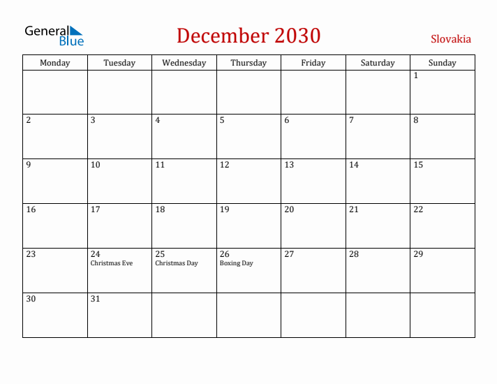 Slovakia December 2030 Calendar - Monday Start