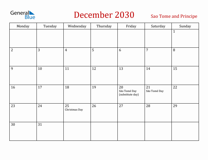 Sao Tome and Principe December 2030 Calendar - Monday Start