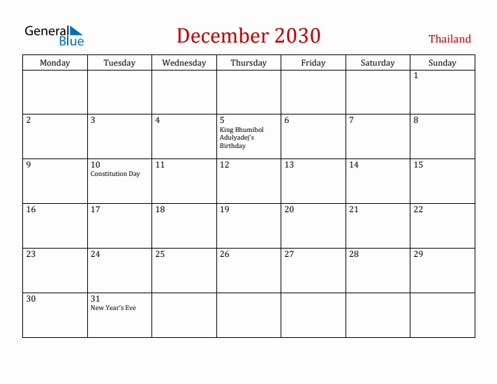 Thailand December 2030 Calendar - Monday Start