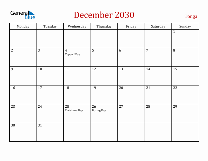 Tonga December 2030 Calendar - Monday Start
