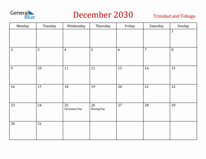Trinidad and Tobago December 2030 Calendar - Monday Start