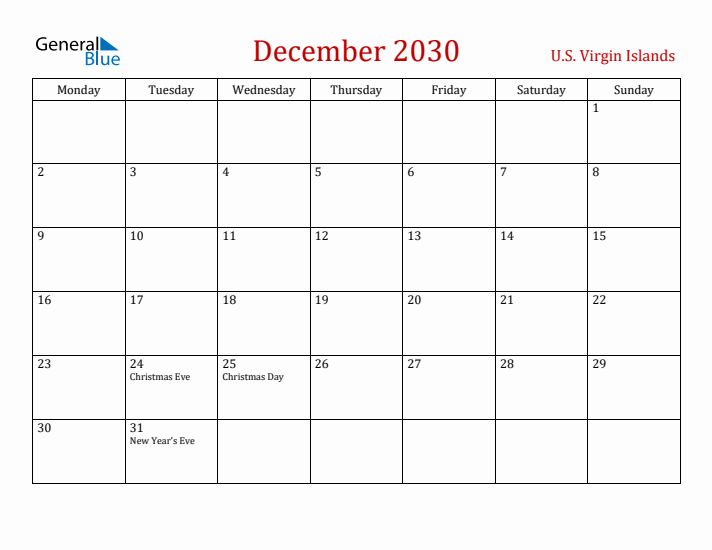 U.S. Virgin Islands December 2030 Calendar - Monday Start