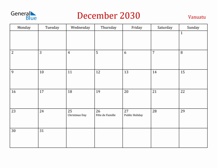 Vanuatu December 2030 Calendar - Monday Start